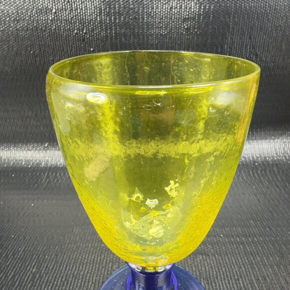 Cadmium UV Glowing Glass Goblets Cups Set 2 Yellow Top Blue Stem Textured Cups - Picture 7 of 16
